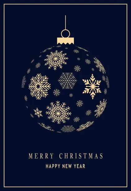 Vector illustration of Christmas ball or bauble vector with snowflakes. Gold Hanger with chain.