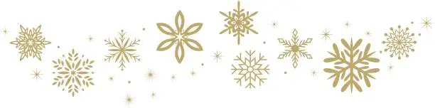 Vector illustration of Christmas ornate vector with snowflakes and stars. Waved arrangement in gold.