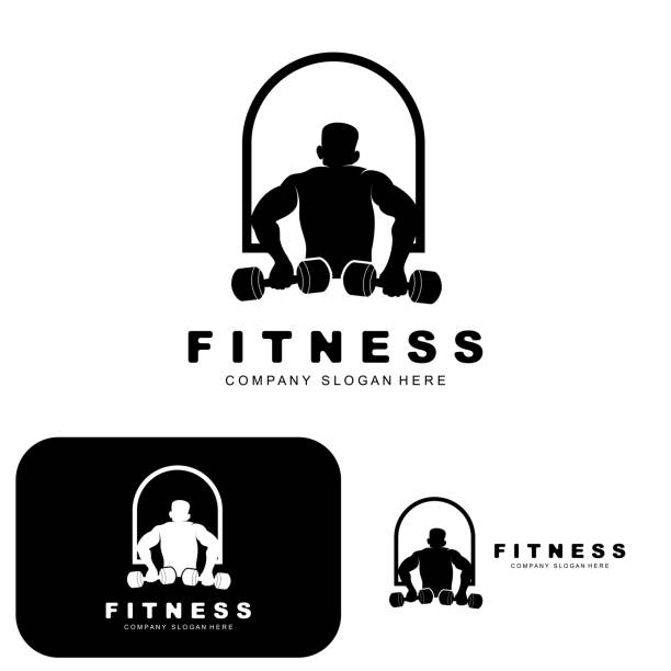logo siłowni, wektor logo fitness, projekt odpowiedni do fitness, sprzęt sportowy, zdrowie ciała, marki produktów suplementów ciała - health club gym young men dumbbell stock illustrations