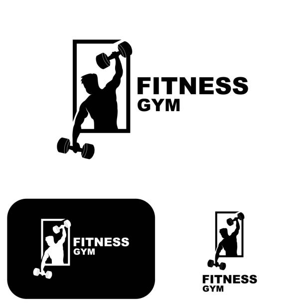 logo siłowni, wektor logo fitness, projekt odpowiedni do fitness, sprzęt sportowy, zdrowie ciała, marki produktów suplementów ciała - health club gym young men dumbbell stock illustrations