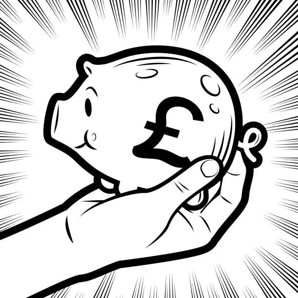 Vector illustration of A hand holding a piggy bank with a currency symbol in the background with radial manga speed lines