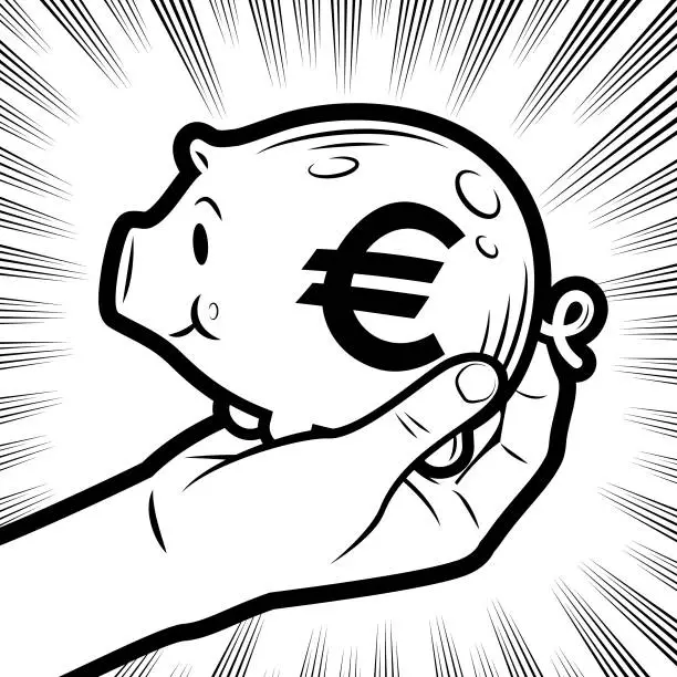 Vector illustration of A hand holding a piggy bank with a currency symbol in the background with radial manga speed lines