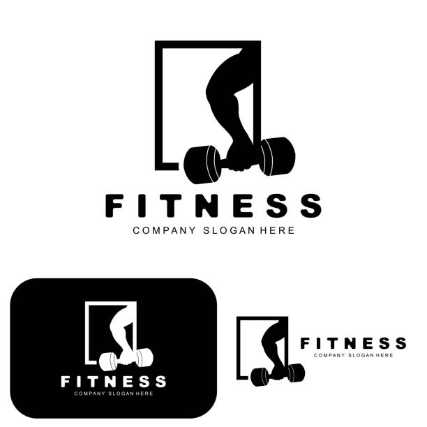 logo siłowni, wektor logo fitness, projekt odpowiedni do fitness, sprzęt sportowy, zdrowie ciała, marki produktów suplementów ciała - health club gym young men dumbbell stock illustrations