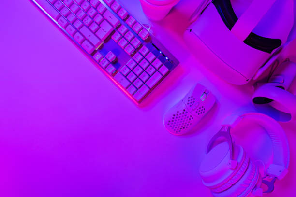 istock Keyboard with mouse and headphones on gaming desk 1488527105
