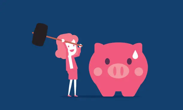 Vector illustration of Businesswoman breaking the piggy bank