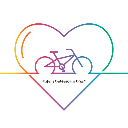 Bicycle or Bike lettering on background vector stock illustration. Multi color bike and heart shape.