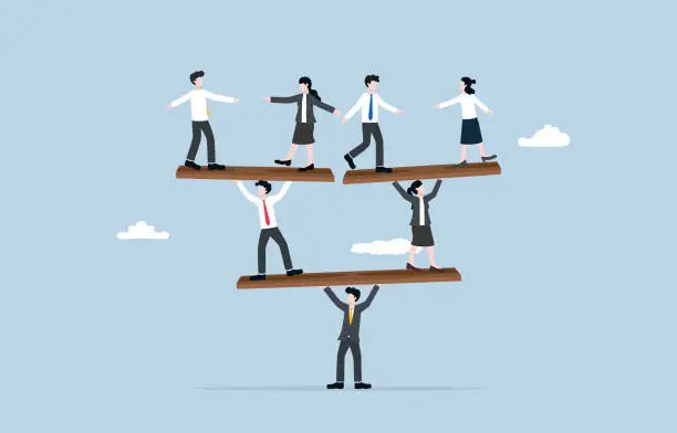 Vector illustration of Human resources management, managing people to maximize productivity, leadership to enable employees to perform at best concept, Businessman carrying and balancing employees on seesaw.