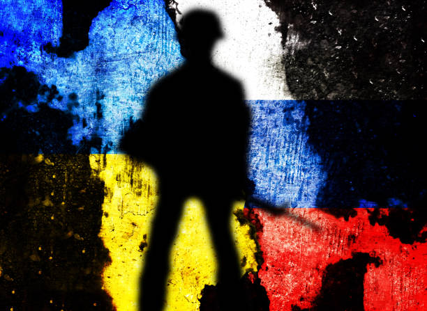 istock Multiple exposure of Russian flag with Ukrainian flag. Basemap or background use. Double exposure creative hologram of Russia and Ukraine. 1488531477