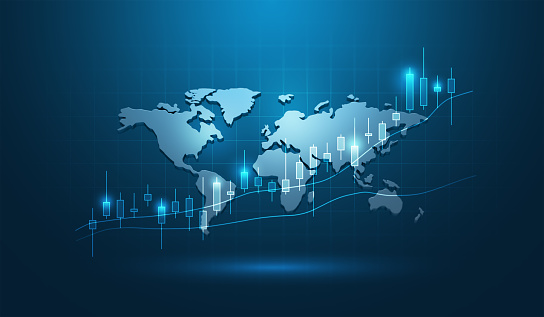Global economy stock market finance chart business exchange investment data on growth financial graph world map 3d background technology economic money analysis digital trade profit diagram concept.