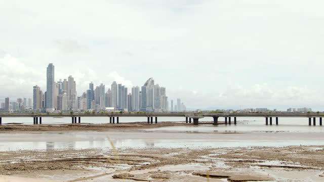 Wide Angle Low Tide View of the Skyline of Panama City, Panama
