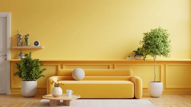 istock Mockup living room interior with yellow sofa on empty wall background. 1488536254