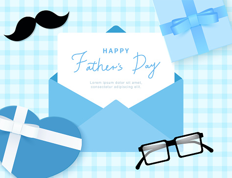 Blue background of Father's day card with gift box and glasses.
