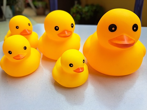 Medan, Medan City, North Sumatera, Indonesia - May 09th 2023 - Rubber Yellow Duck, the most popular toy for kids to play when bath time. It's make my daughter to have bath for long time