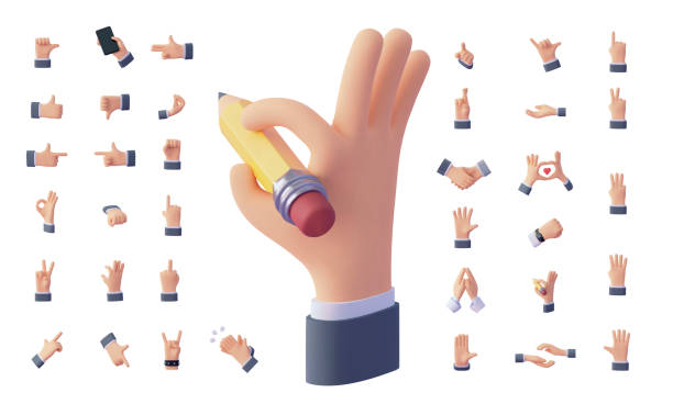 Vector hand gesture set Vector hand gesture set. Cartoon hands with different gestures and poses. Fingers and palm, hand communication, signs. Pointing, touching, hand heart, holding smartphone thumbs up 3d stock illustrations