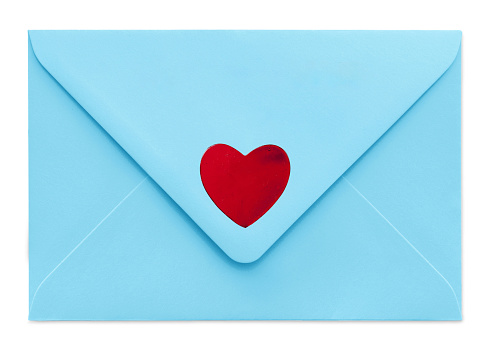 Light blue envelope with a red heart - on white background