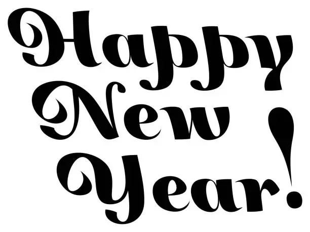 Vector illustration of Happy New Year. Black Hand writing calligraphic lettering on a white background.