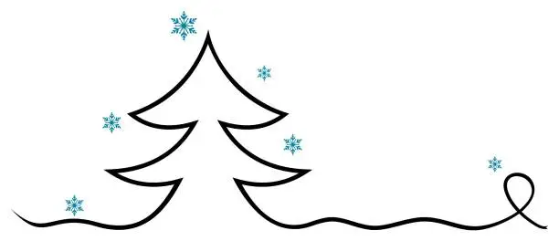 Vector illustration of Christmas tree. Abstract tree in Black and ice blue snowflakes. White background.