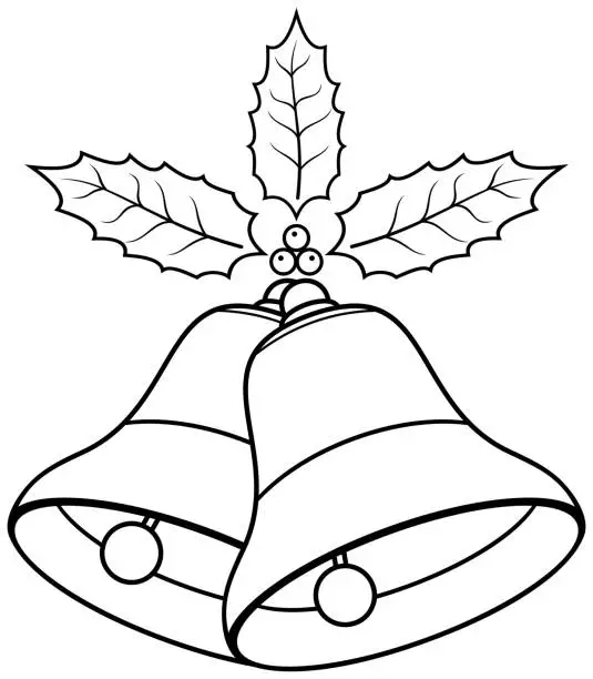 Vector illustration of Christmas bell with Holly leaf in black. White Background.