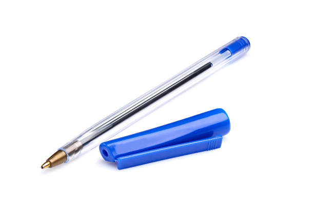istock Plastic ballpoint pen on a white background. Blue ink pen. 1488539469