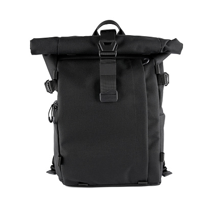 Black laptop backpack unisex accessories. Backpack isolated on White Background.