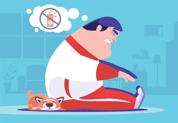 Vector illustration of fat man stretching with sleepy dog