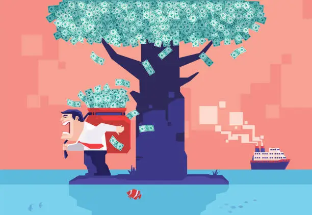 Vector illustration of screaming businessman holding sack of banknote and standing beside money tree on island