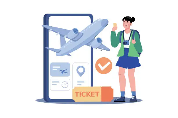 Vector illustration of A woman buys plane tickets online to save money