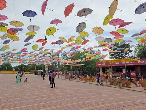 Colorful umbrellas at ADA I Love Agra Selfie Point located near Fathehabad Road in Agra, Uttar Pradesh, India