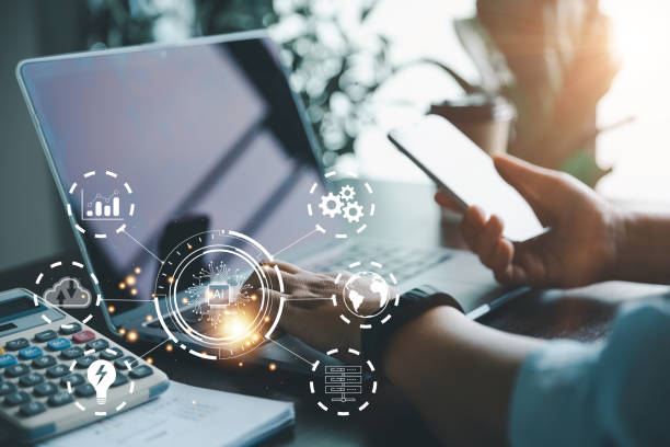 istock New technology bigdata and business process strategy. Digital transformation change management, internet of things. Customer service management, cloud computing, smart industry. Ai technology. 1488543372