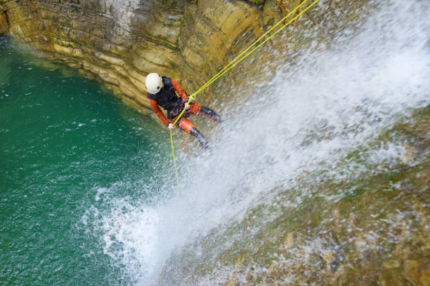 Canyoneering Furco Canyon in Pyrenees, Broto village, Huesca Province in Spain.