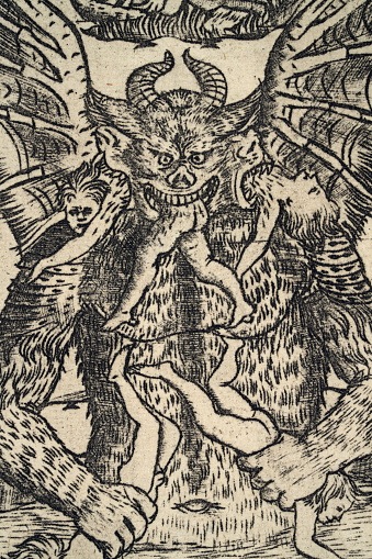 Vintage illustration of Demon in hell eating men, The Devourer of Souls by Baccio Baldini Italian 15th Century art