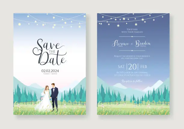 Vector illustration of Wedding Invitation, save the date, card template. The bride and groom stood in a field of flowers. Behind it is a beautiful mountain range.