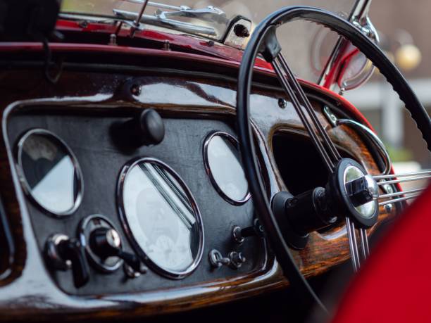 istock Steering controls and dash wheel on a vintage car's dashboard 1488550367