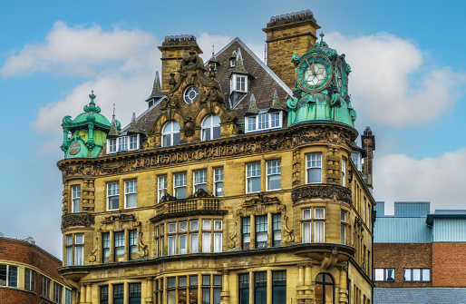 A view of the magnificent facade of Emerson Chambers in the Grainger Town area of Newcastle upon Tyne in the UK.