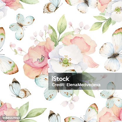 istock Wildflowers and Butterflies Watercolor vector  seamless pattern isolated on white background. Beautifully hand painted floral and insect  Artwork. 1488551940