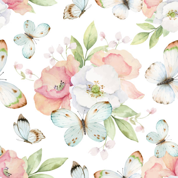 Wildflowers and Butterflies Watercolor vector  seamless pattern isolated on white background. Beautifully hand painted floral and insect  Artwork. Wildflowers and Butterflies Watercolor vector  seamless pattern isolated on white background. Beautifully hand painted floral and insect  Artwork. decoupage stock illustrations