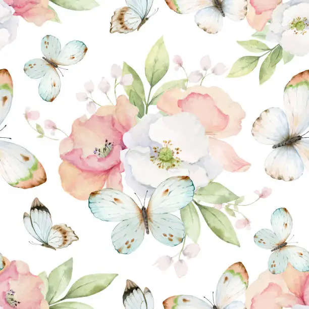 Vector illustration of Wildflowers and Butterflies Watercolor vector  seamless pattern isolated on white background. Beautifully hand painted floral and insect  Artwork.