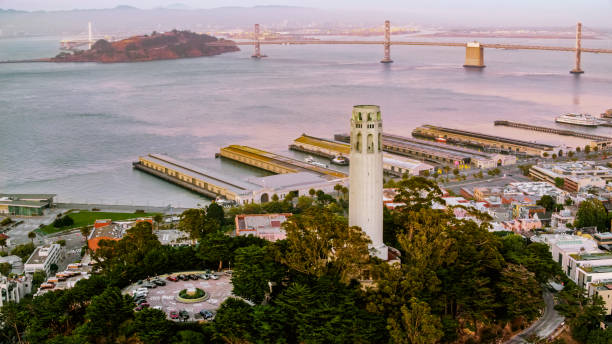 View of San Francisco Coit Tower on Telegraph Hill during dusk, San Francisco, California, USA.