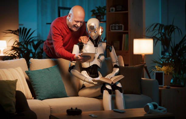istock Humanoid AI robot and senior man spending time at home together 1488554374