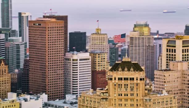View of American flag on Mark Hopkins Hotel in city, Nob Hill, San Francisco, California, USA.