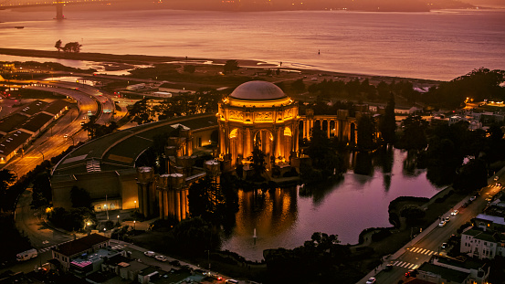 Aerial View of Palace of Fine Arts monument during dusk, San Francisco, California, USA.