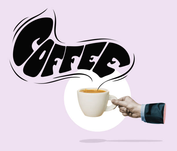 Hand with a cup of aromatic coffee.  Art collage.