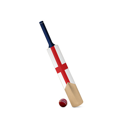 Cricket bat and ball on white background with England flag