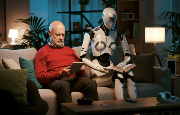 istock Humanoid AI robot and senior man spending time at home together 1488555344