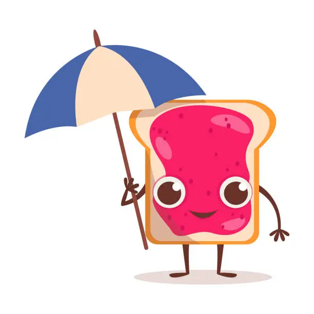 Vector illustration of Cute dessert character. Jam toast holding a sun umbrella.