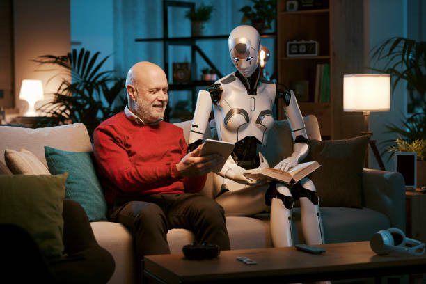 istock Humanoid AI robot and senior man spending time at home together 1488555987