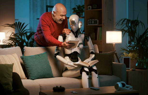istock Humanoid AI robot and senior man spending time at home together 1488556120