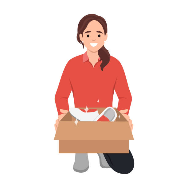 people, delivery, shipping and postal service concept - happy young women opening cardboard box or parcel. people, delivery, shipping and postal service concept - happy young women opening cardboard box or parcel. Flat vector illustration isolated on white background woman legs open stock illustrations