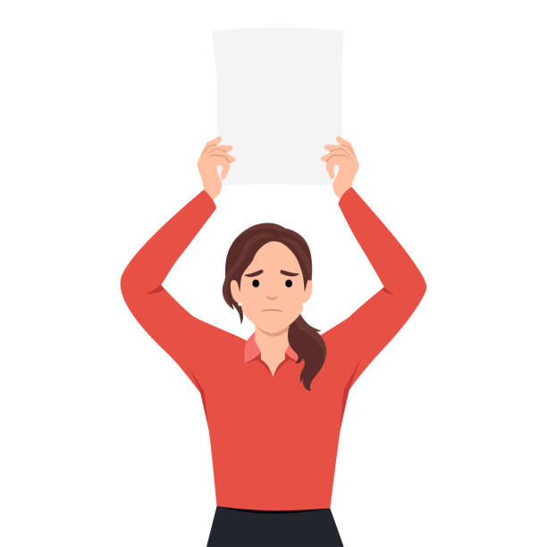 young business woman holding big blank paper over head with a sad face young business woman holding big blank paper over head with a sad face. Flat vector illustration isolated on white background person holding frame over face stock illustrations