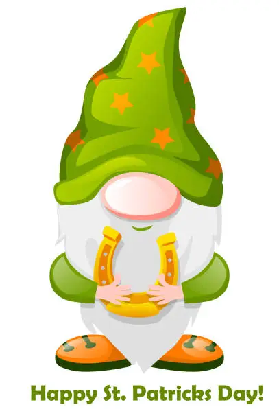 Vector illustration of St Patricks Day Irish gnome holding horseshoe